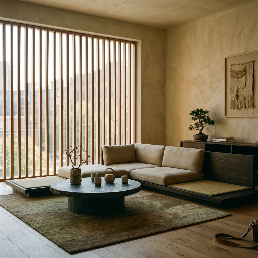 Balanced Proportions In An Earth Tone Japandi Living Room