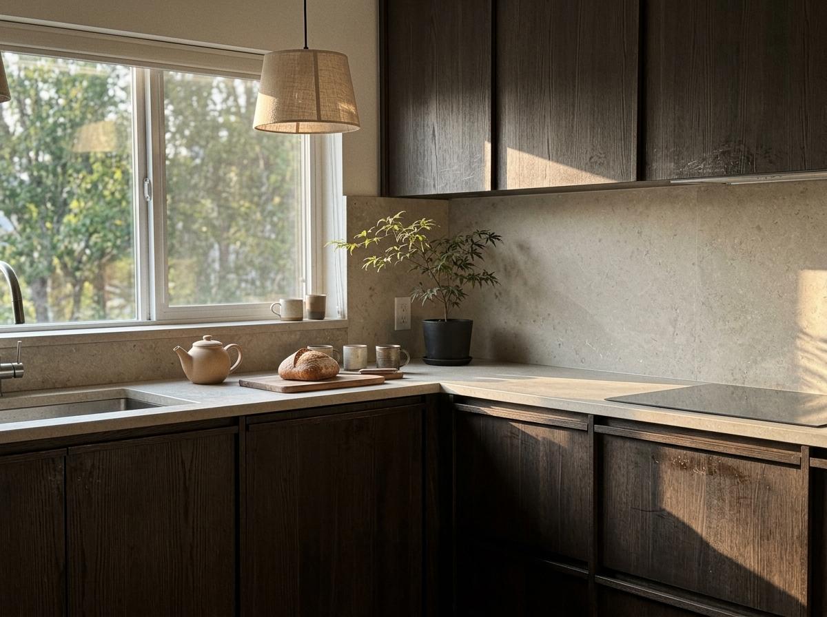 Balancing Dark Oak And Light Stone In A Japandi Kitchen