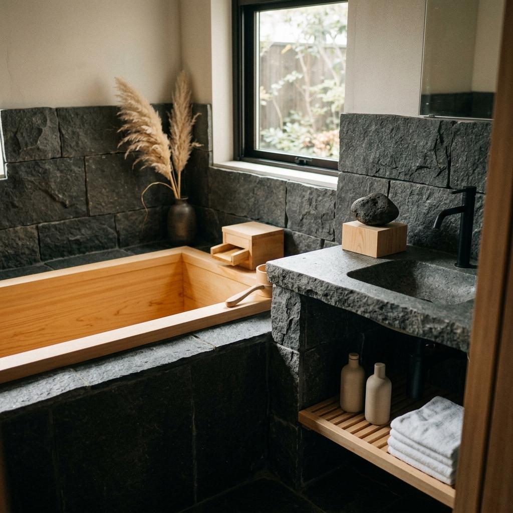 Balancing Wood And Stone In A Simple Japandi Bathroom