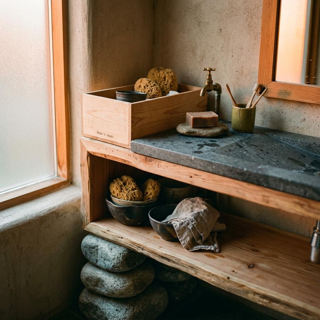 Balancing Wood And Stone In Japandi Bathroom Storage Design