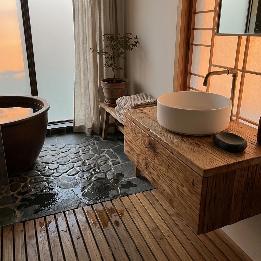Beautiful Balance Found In Japandi Bathroom Wood Accents