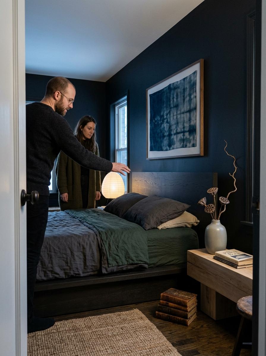 Bold Dark Academy Bedroom Reflecting Japandi Principles