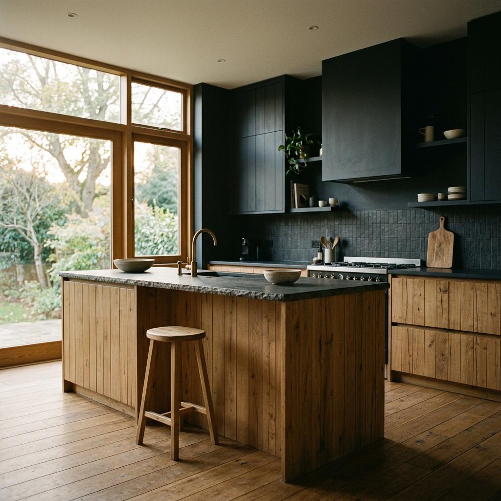 Charcoal Tones Meet Natural Wood In This Dark Japandi Kitchen