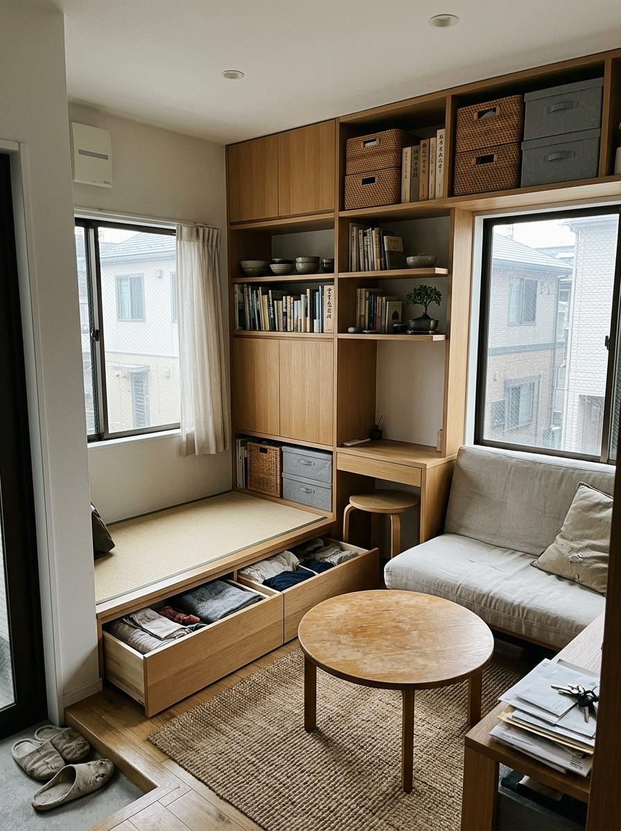 Clever Storage Solutions Found In A Small Japandi Living Room