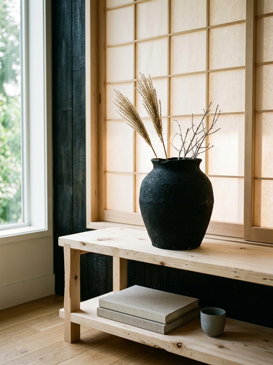 Combining Textured Black Accents With Traditional Japandi Elements