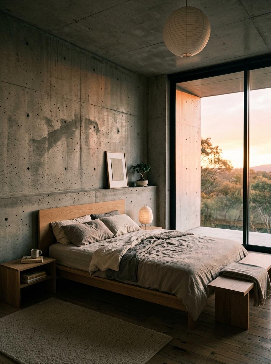 Concrete Walls Meet Japandi Design In This Bedroom