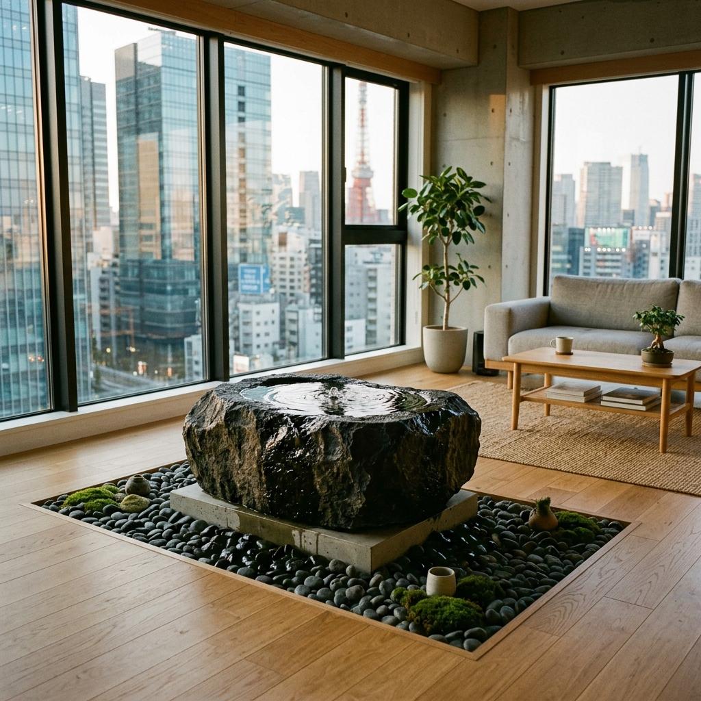 Contemporary Apartment Living With A Japandi Water Feature Touch