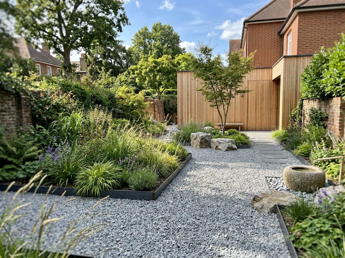 Contemporary Minimalist Backyard With Japandi Gravel Garden Focus