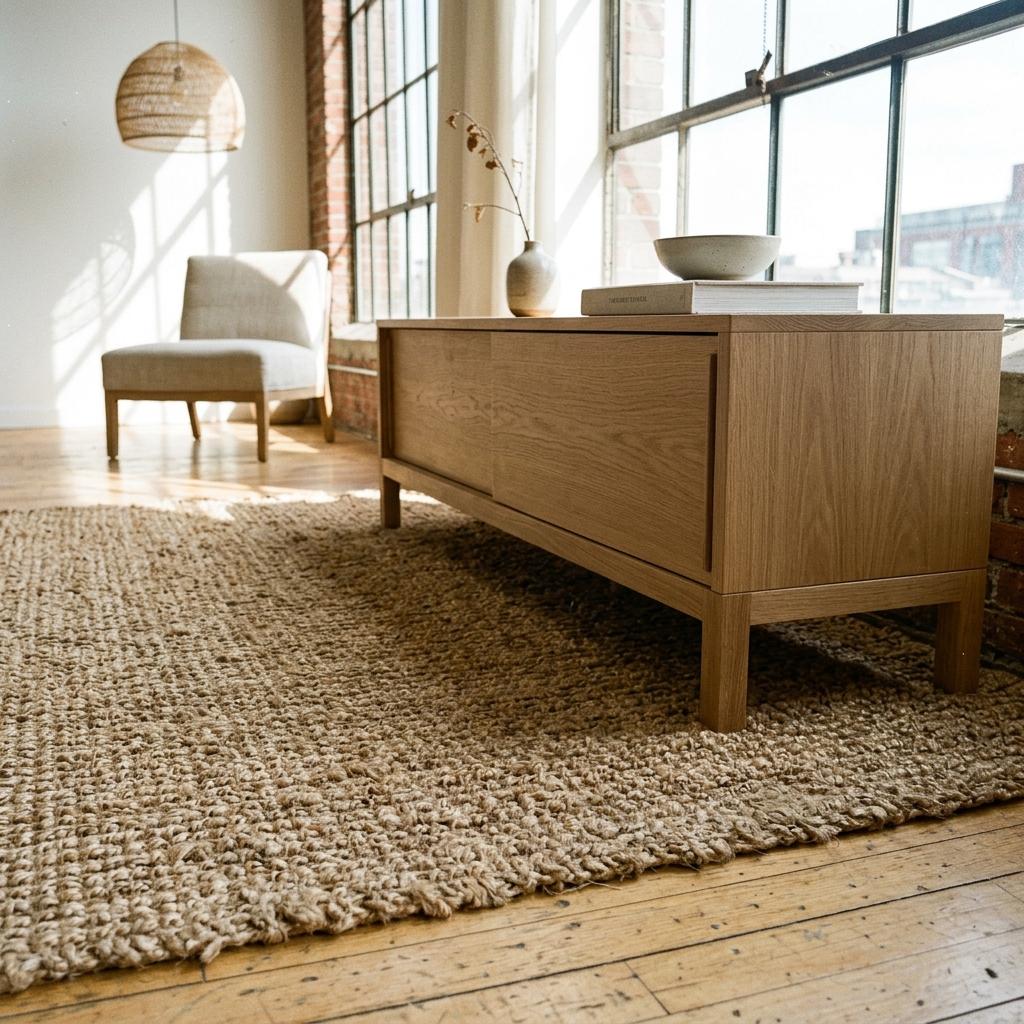 Cozy Jute Rugs Paired With Minimalist Japandi Furniture Textures