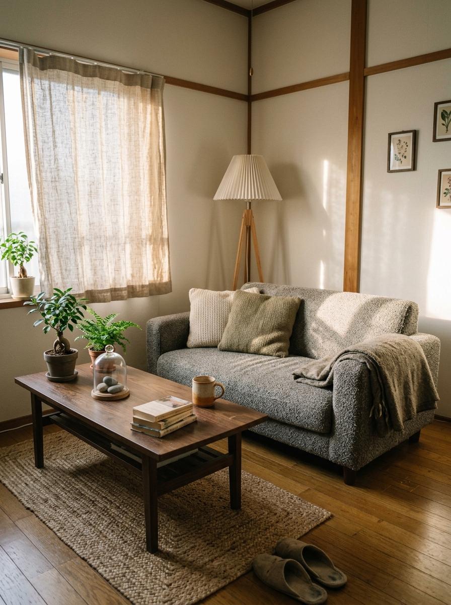 Cozy Textures Define This Welcoming Small Japandi Living Room