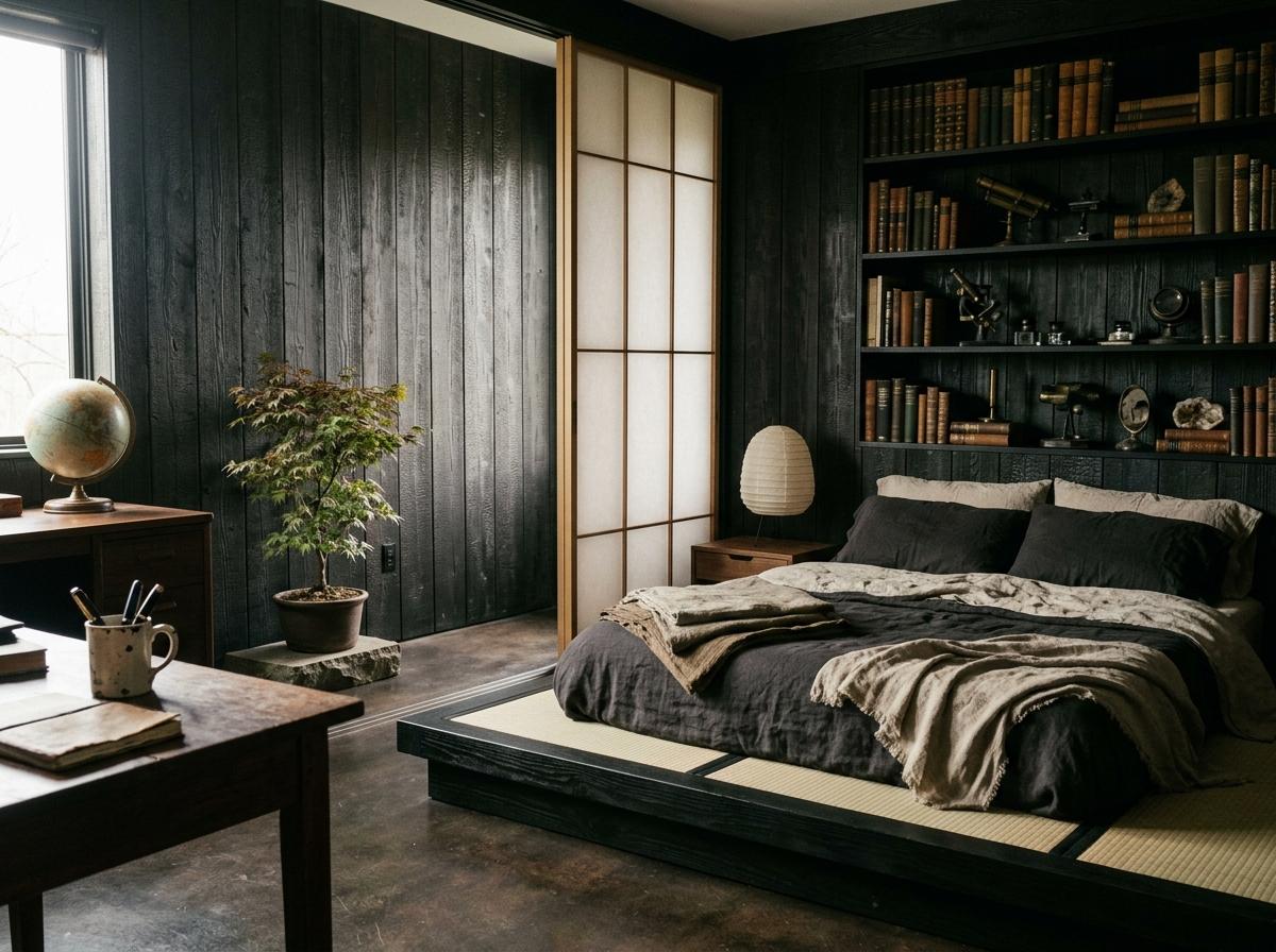 Curated Dark Academy Bedroom With A Japandi Focus