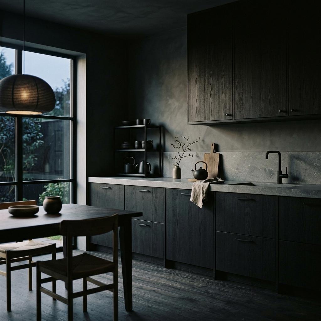 Dark Elegance: A Sophisticated Dark Japandi Kitchen Interior
