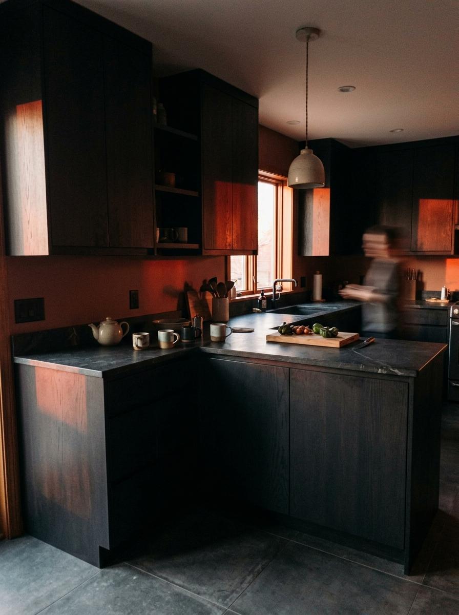 Deep Hues Define This Functional Dark Japandi Kitchen Space