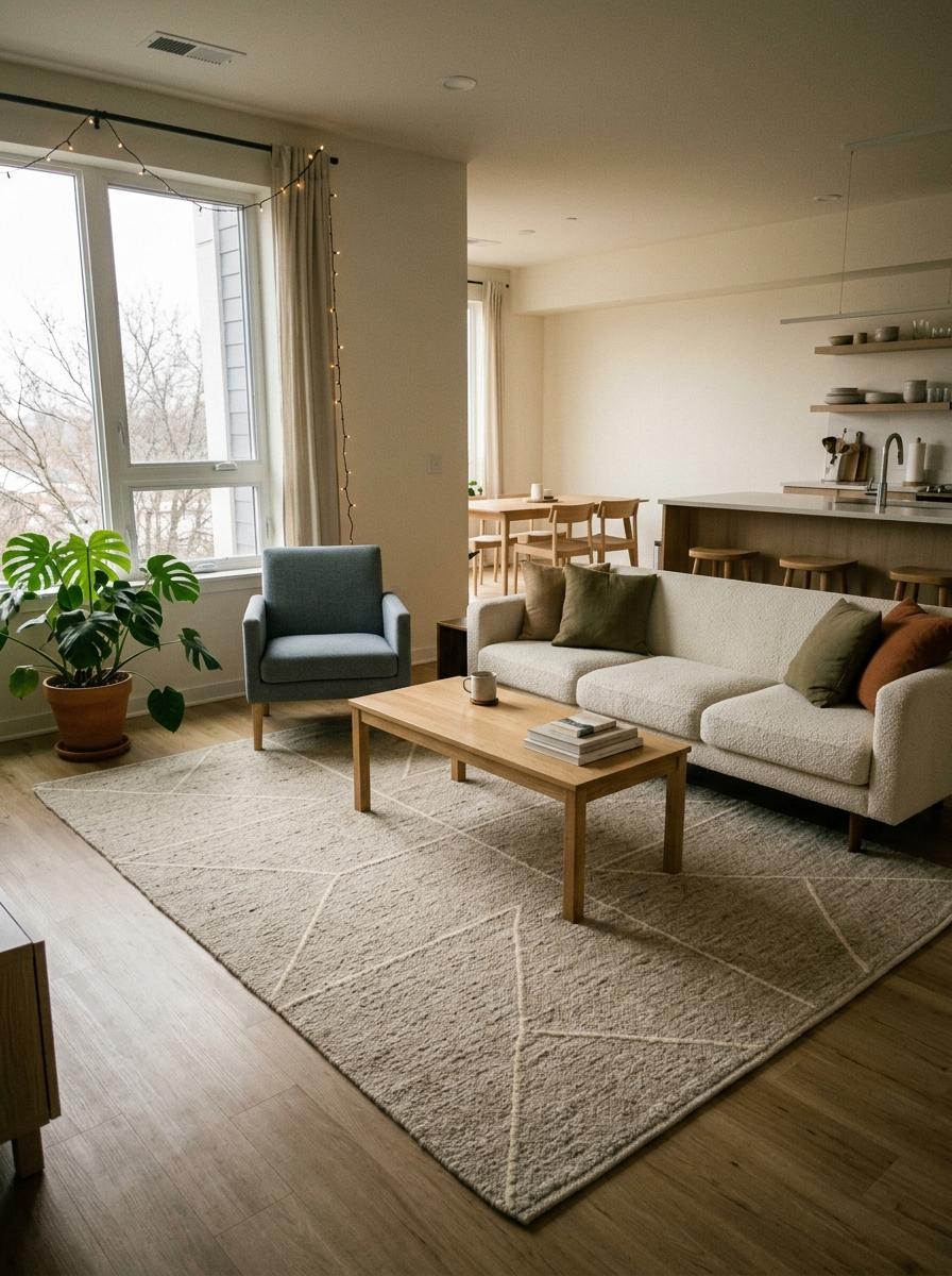 Defining Open Spaces With A Functional Japandi Living Room Rug