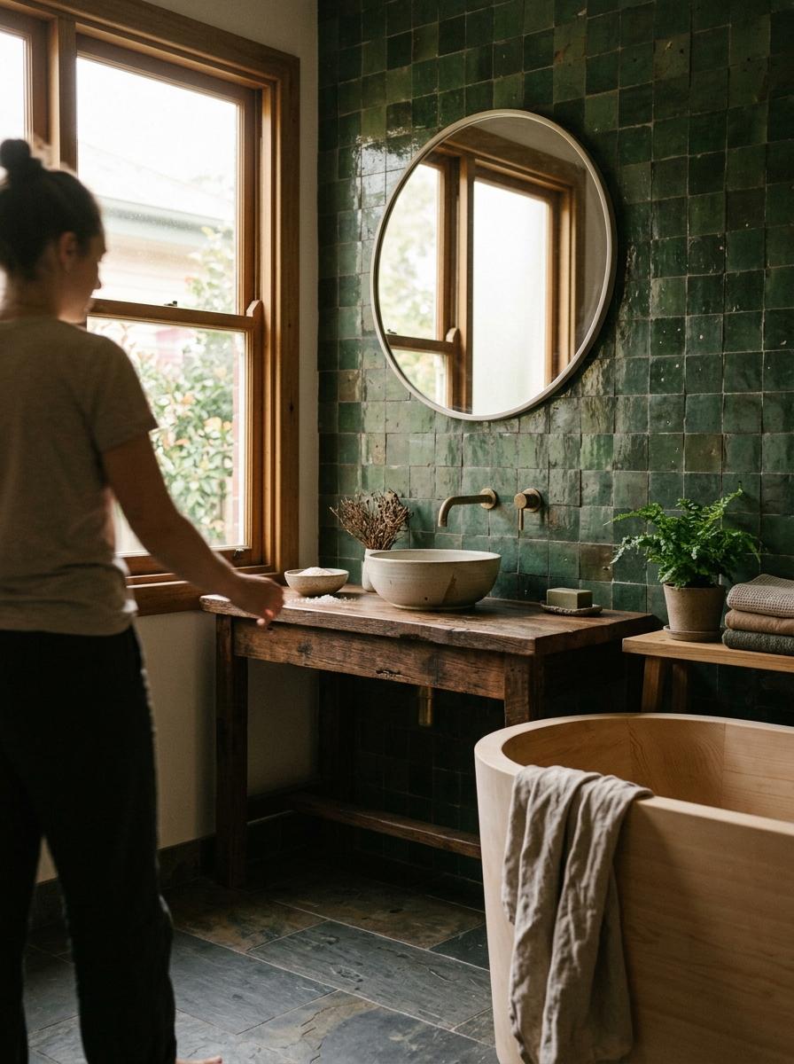 Designing With Nature Using A Forest Green Japandi Bathroom Palette