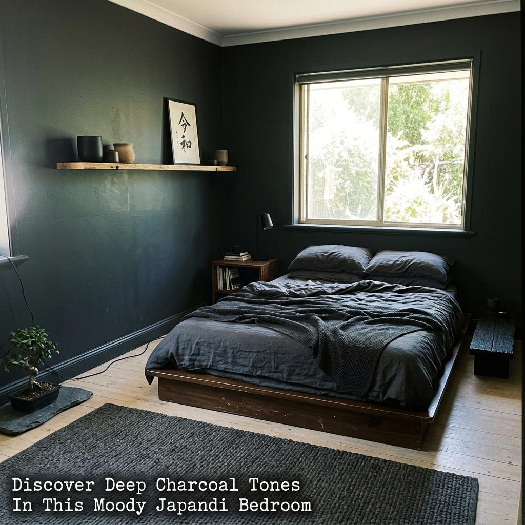 Discover Deep Charcoal Tones In This Moody Japandi Bedroom