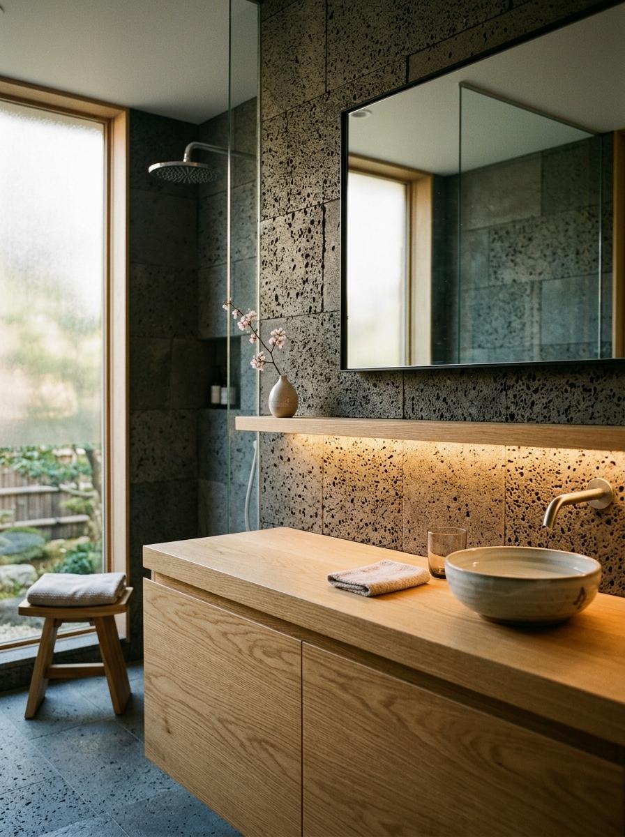 Discover Soft Ambient Glow In This Japandi Bathroom Space