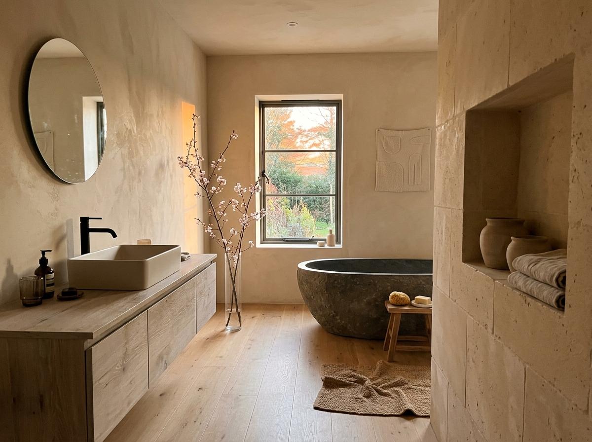 Discover The Beauty Of An Earth Tone Japandi Bathroom Layout
