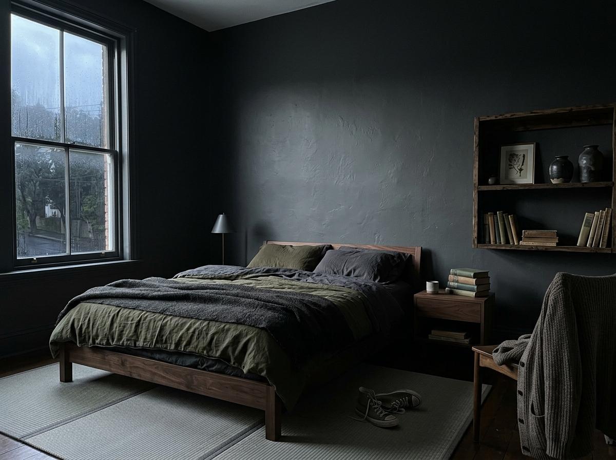 Dramatic Dark Academy Bedroom Using Japandi Elements