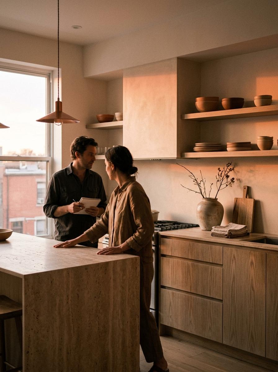 Earth Tones And Organic Materials Define This Japandi Kitchen Space