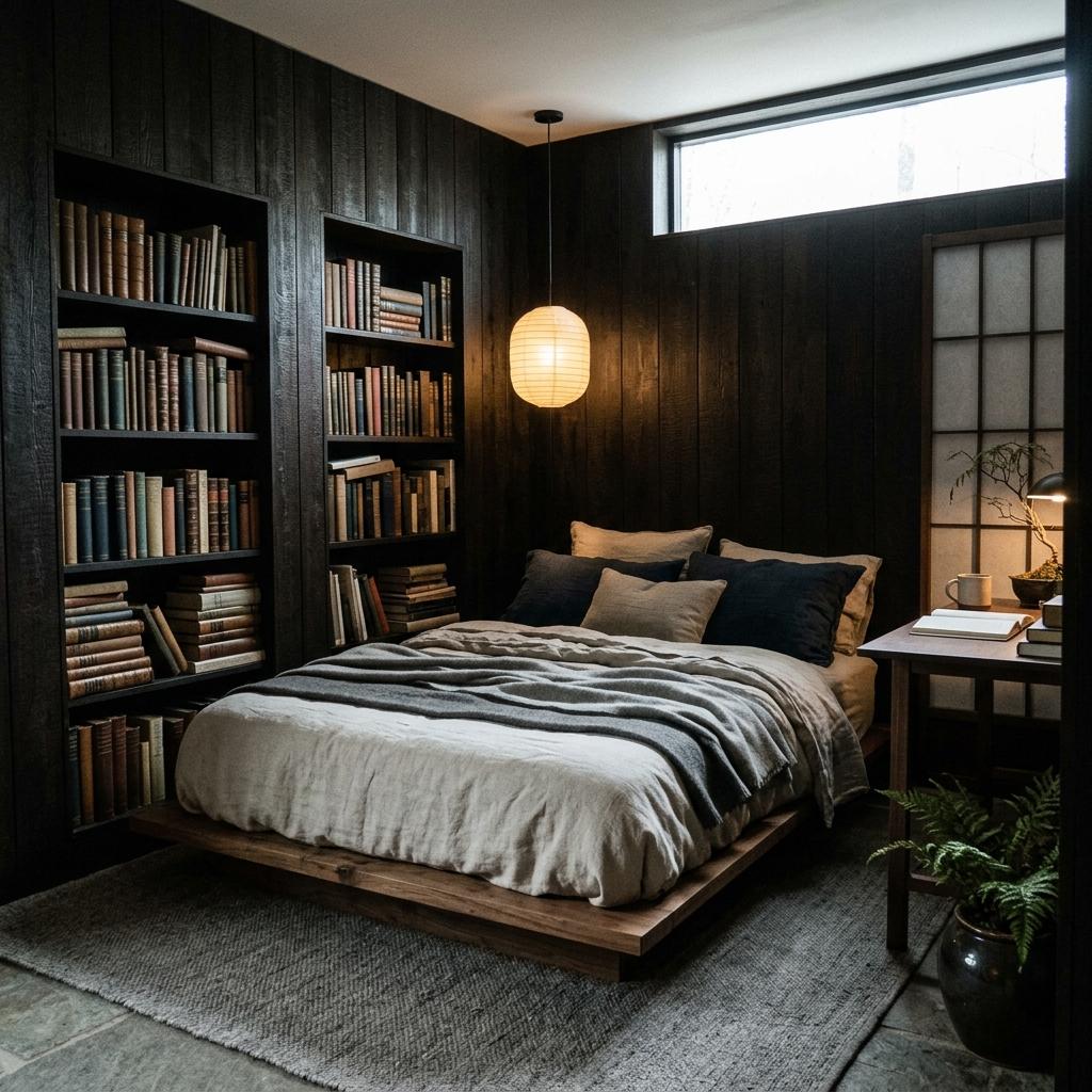 Elegant Dark Academy Bedroom Focused On Japandi Design