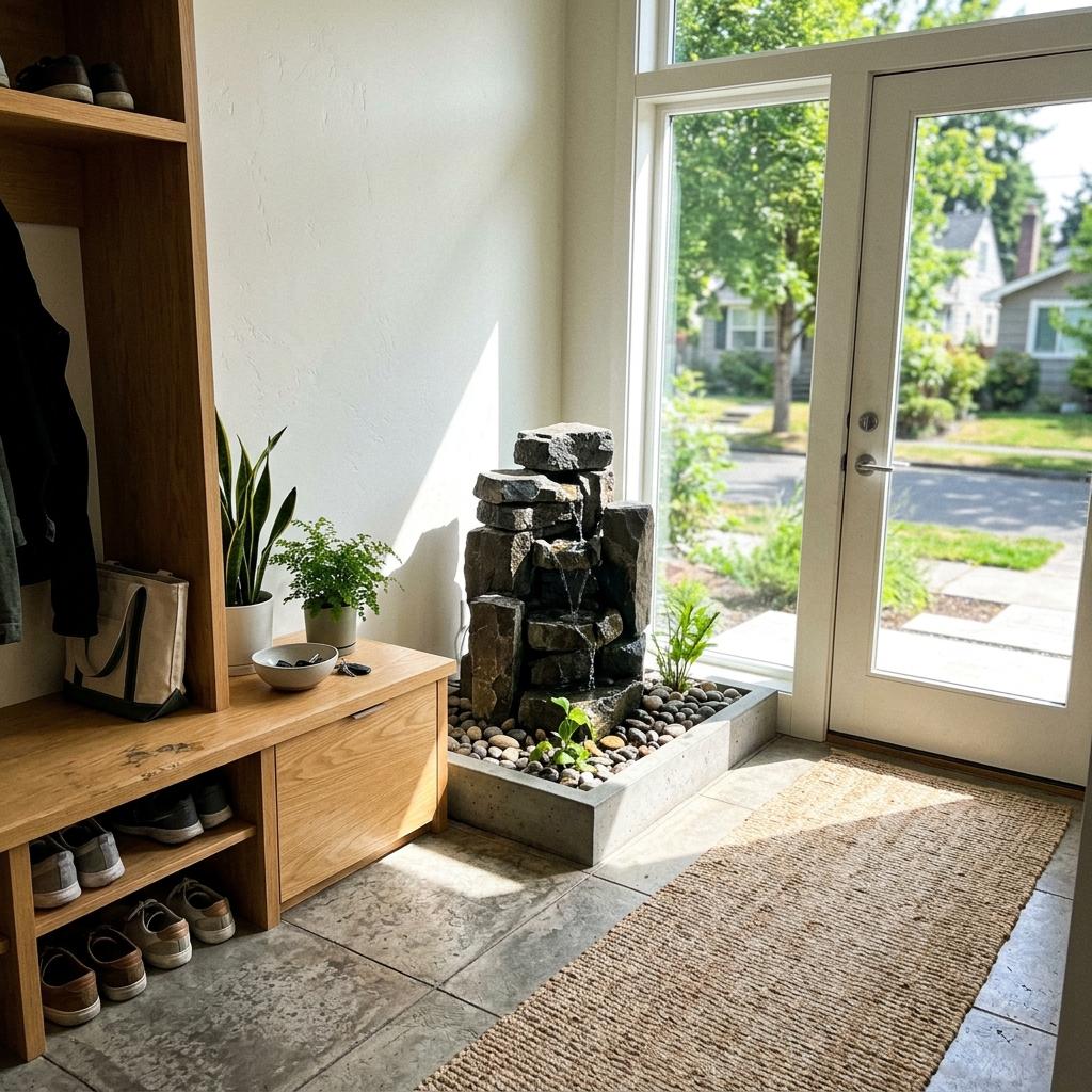 Elegant Entryway Solutions Featuring A Japandi Water Feature