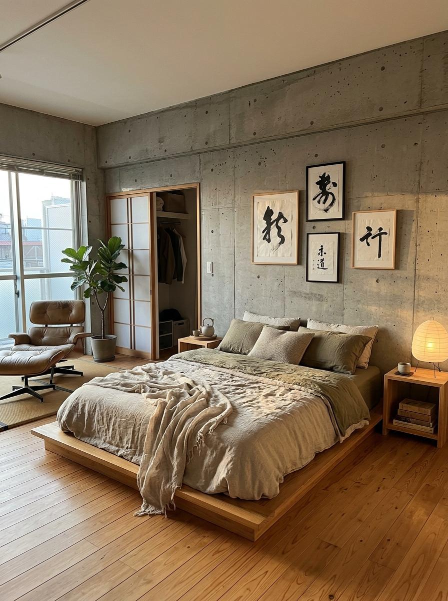 Elegant Industrial Bedroom With Signature Japandi Style