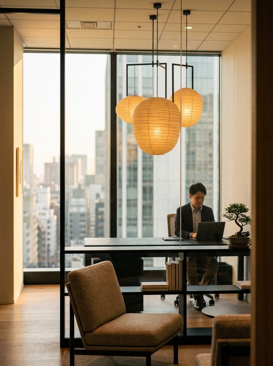 Elegant Professional Spaces Using Japandi Office Lighting Accents