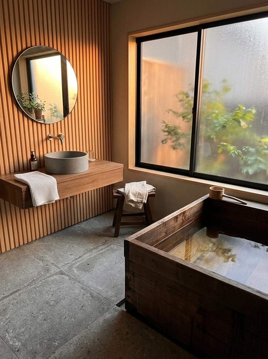 Elegant Simplicity Defined By Japandi Bathroom Wood Accents