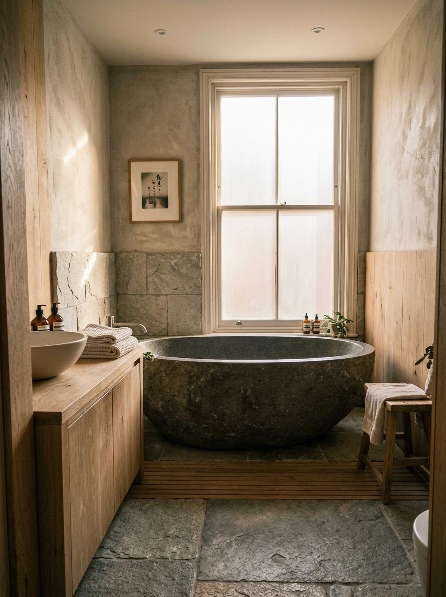 Elegant Stone And Wood Define This Luxury Japandi Bathroom