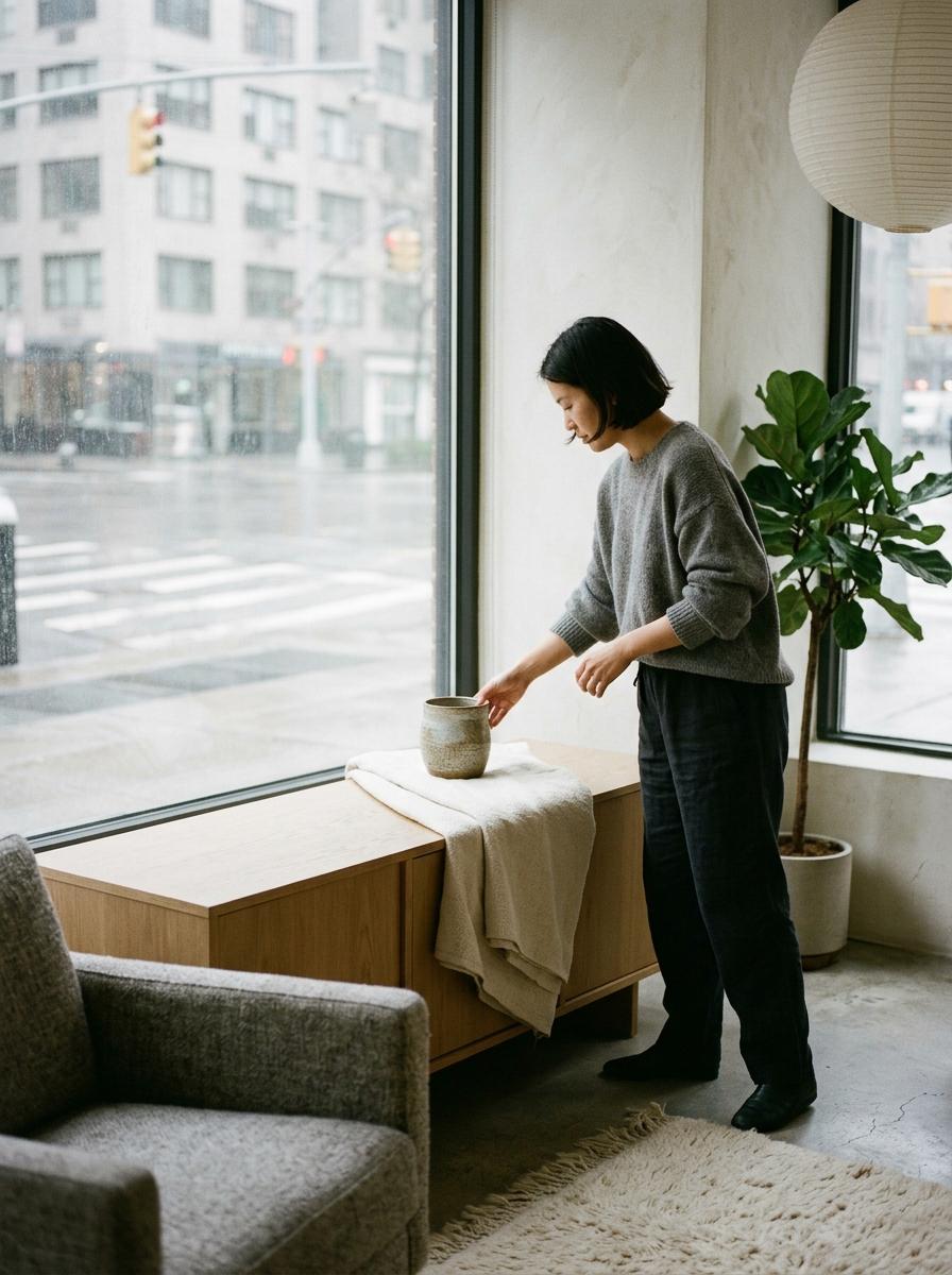 Elegant Textures Meet A Muted Japandi Living Room Color Palette