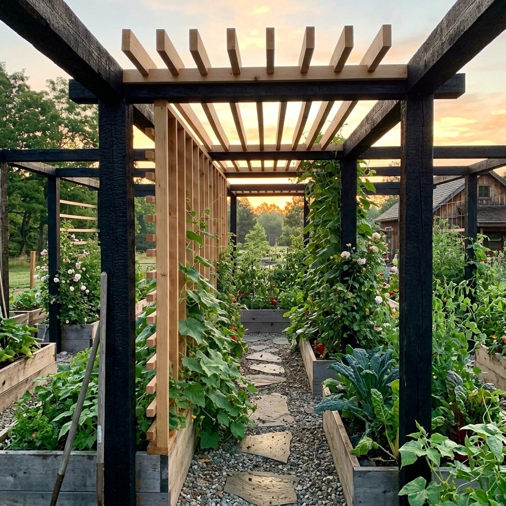 Elegant Wood Structures In A Japandi Vegetable Garden