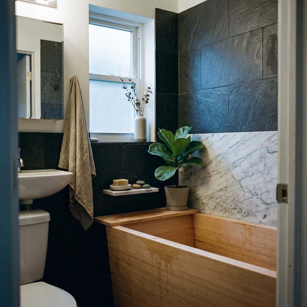 Elements Of Nature Within A Small Japandi Bathroom Space