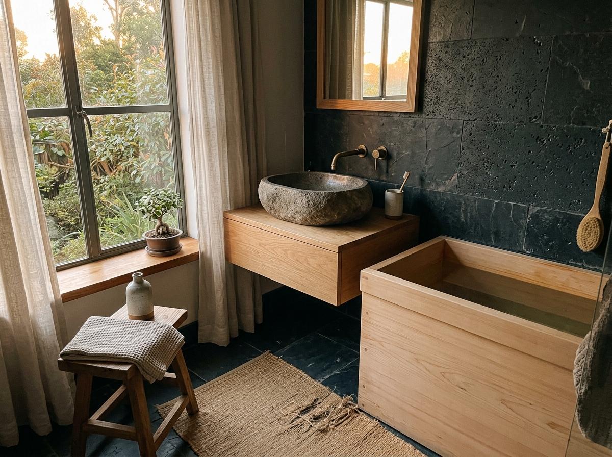 Embrace Natural Textures Within A Japandi Guest Bathroom