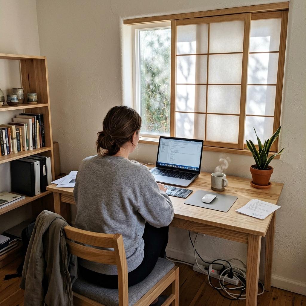 Experience A Harmonious Remote Setup Within A Minimalist Japandi Office