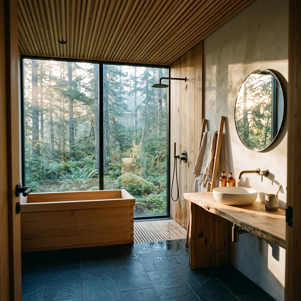 Experience Natural Elements Within This Japandi Style Bathroom