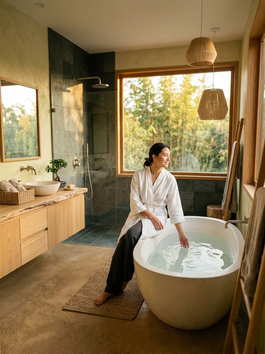 Experience Pure Relaxation In This Modern Japandi Master Bathroom