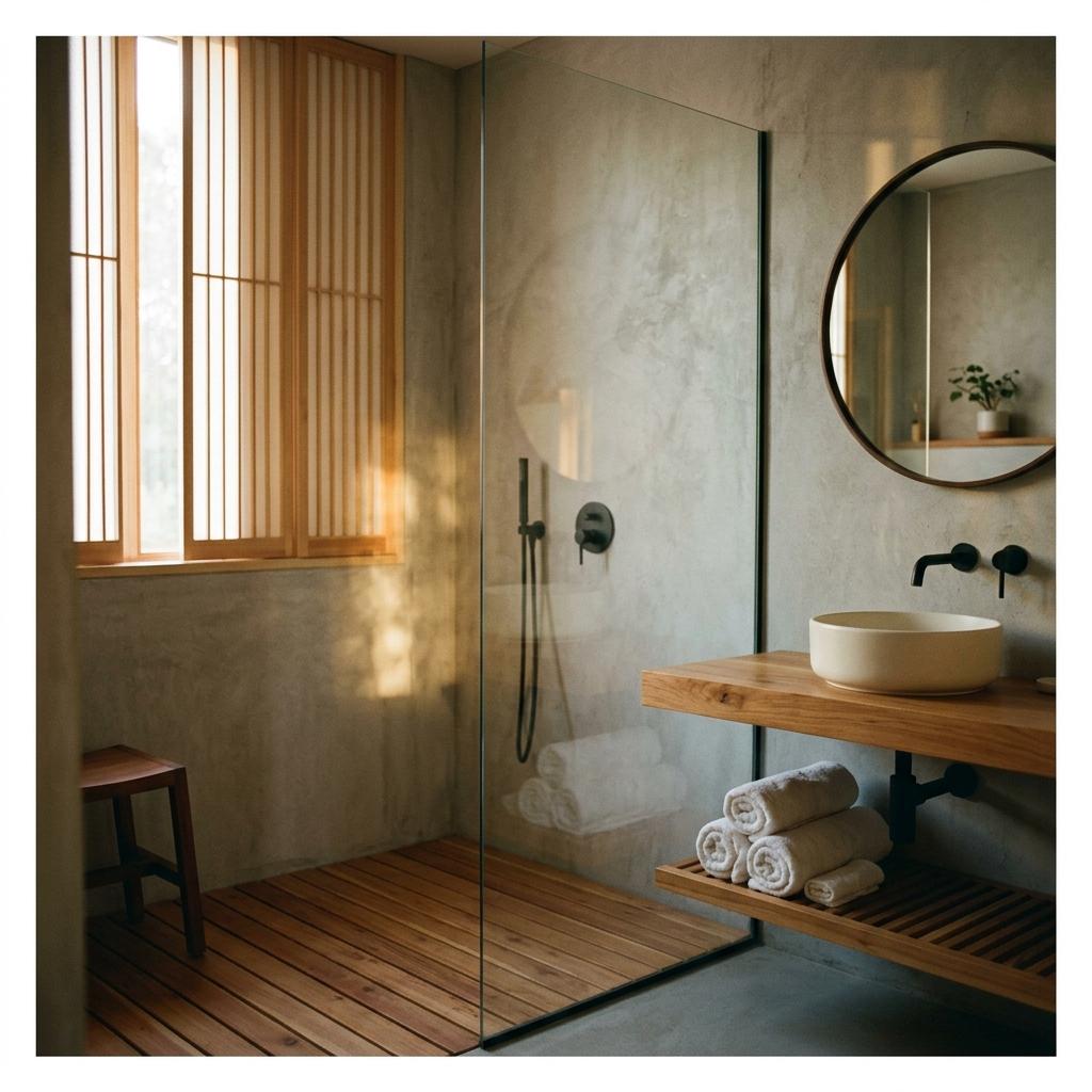 Experience The Quietude Of A Wood Accented Japandi Bathroom