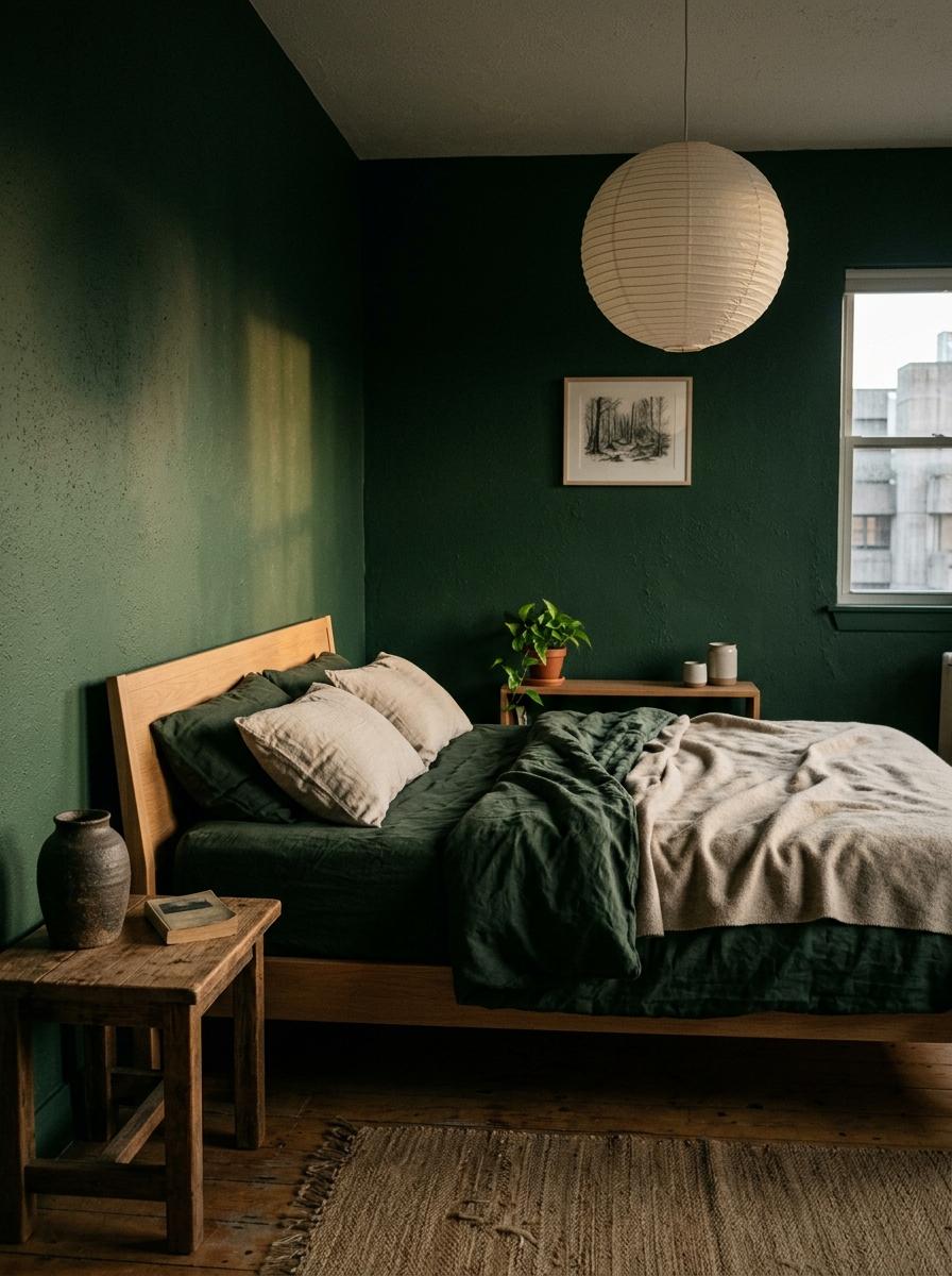 Experience The Warmth Of Forest Green In A Moody Japandi Bedroom