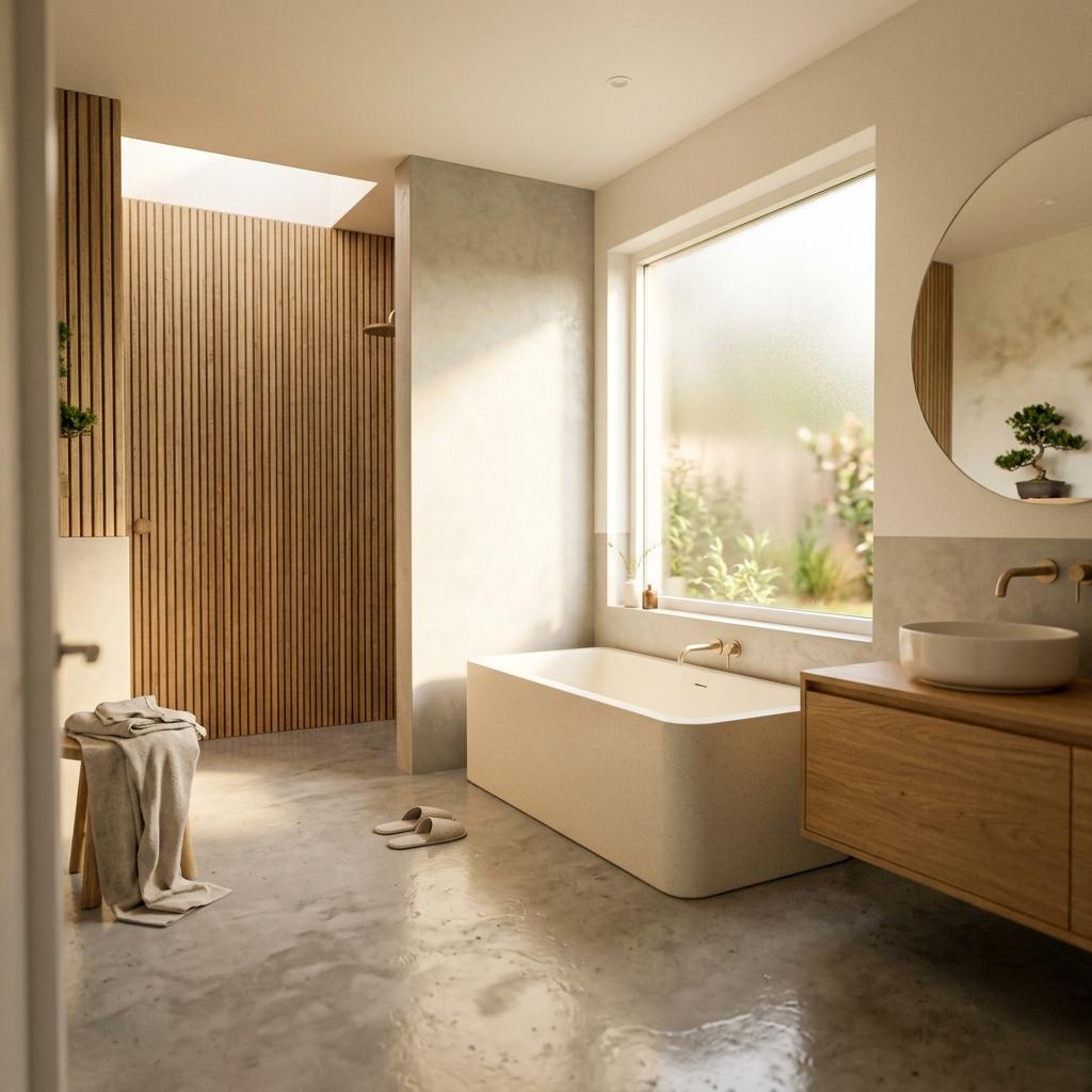 Experience The Warmth Of This Bright Modern Japandi Bathroom