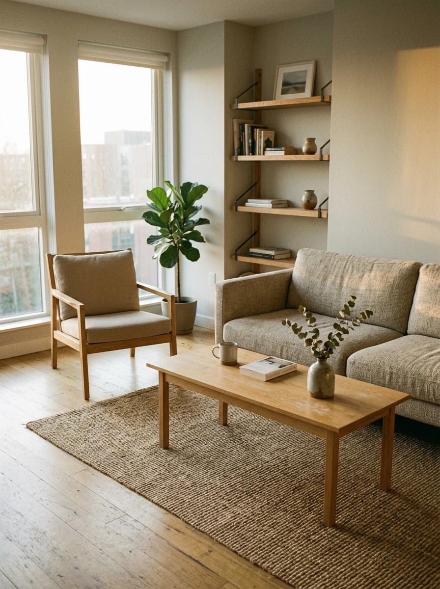 Explore A Modern Flat Featuring Elegant Japandi Living Room Decor