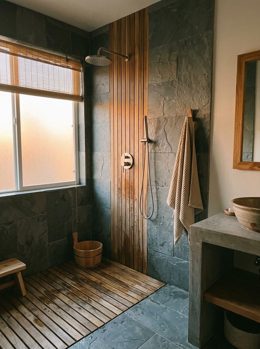Explore The Wood And Stone Japandi Bathroom Shower Aesthetic