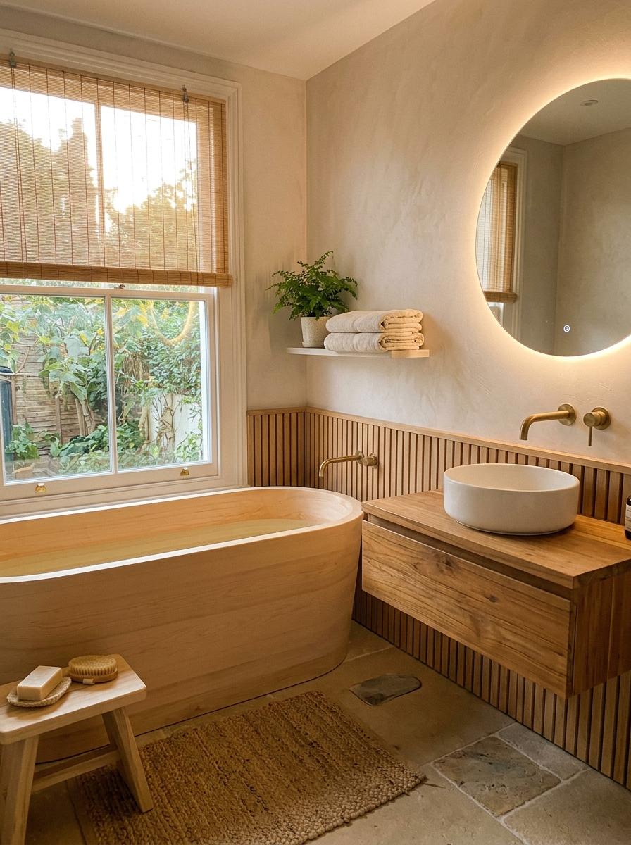 Explore Warm Wood Tones In A Modern Japandi Bathroom
