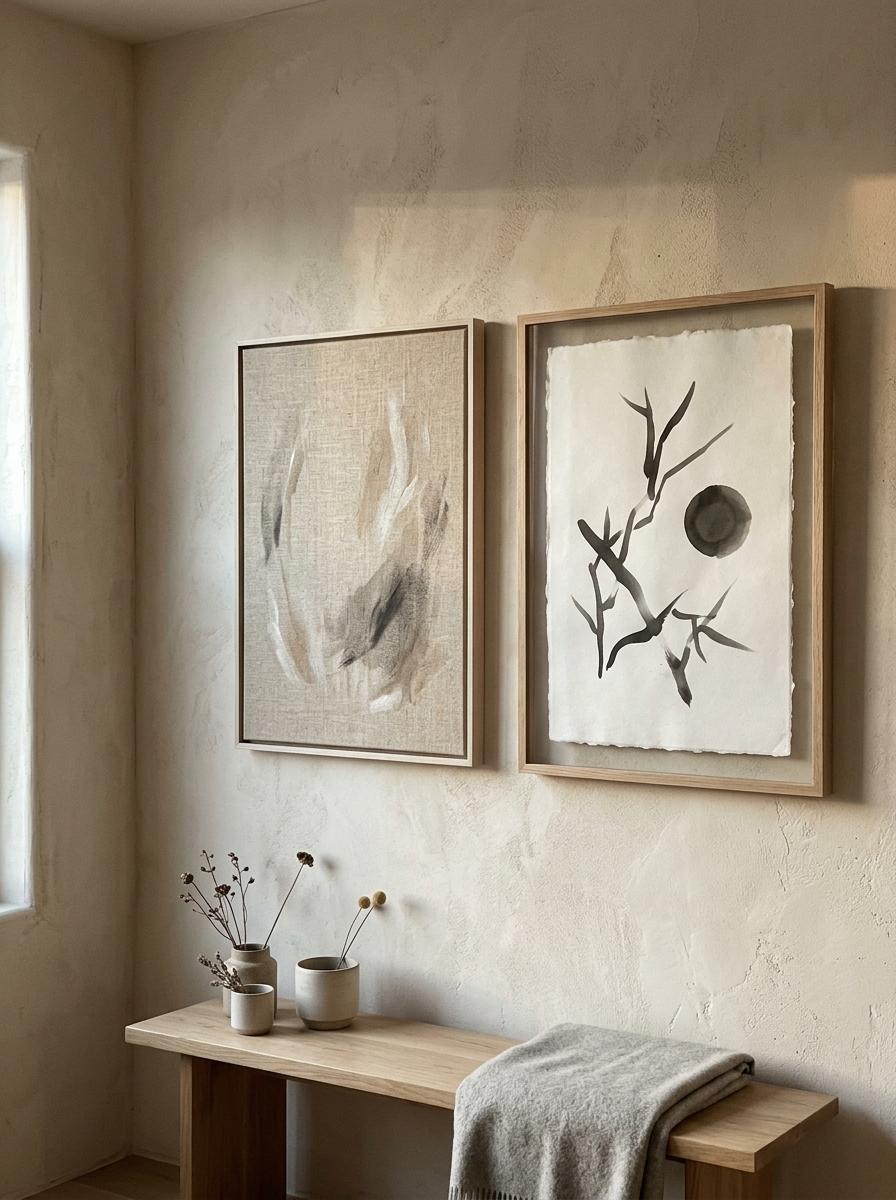 Find Quiet Comfort In Neutral Japandi Living Room Wall Art Decor