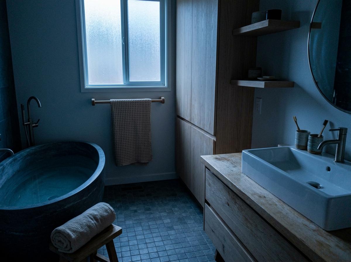 Finding Balance In A Light Oak Japandi Bathroom Interior
