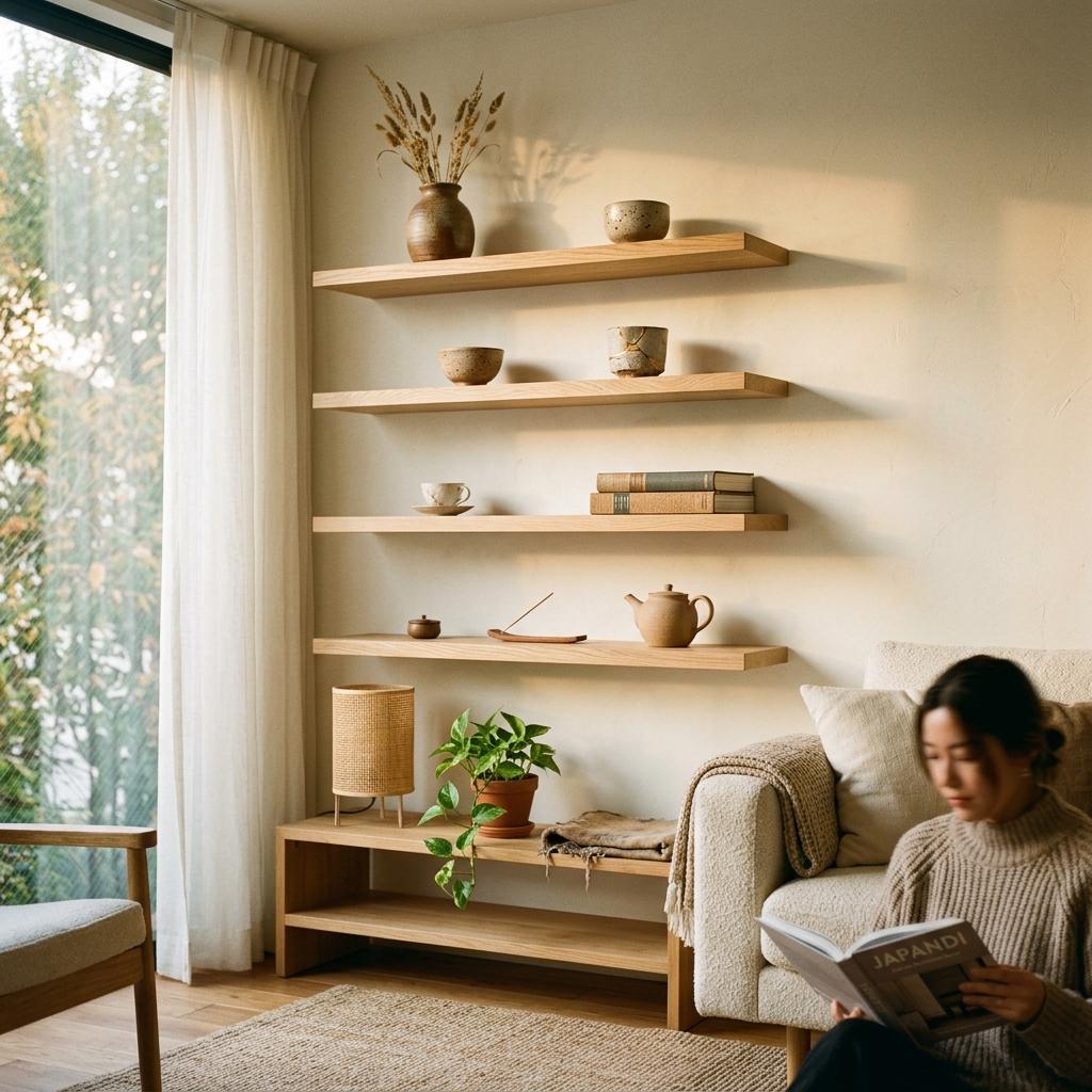 Floating Oak Shelves Enhance Minimalist Japandi Living Room Shelving