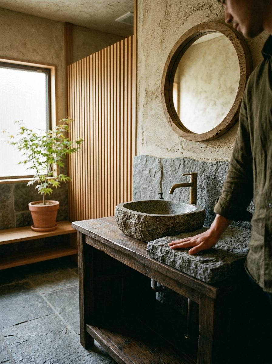 Focus On Organic Materials In A Modern Japandi Bathroom