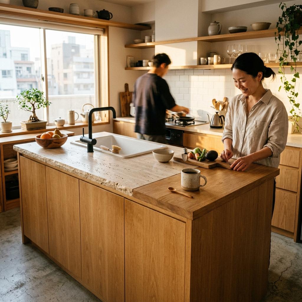 Functional Beauty In A Central Japandi Kitchen Island Feature