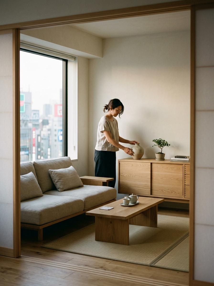 Functional Elegance Defines This Small Japandi Living Room