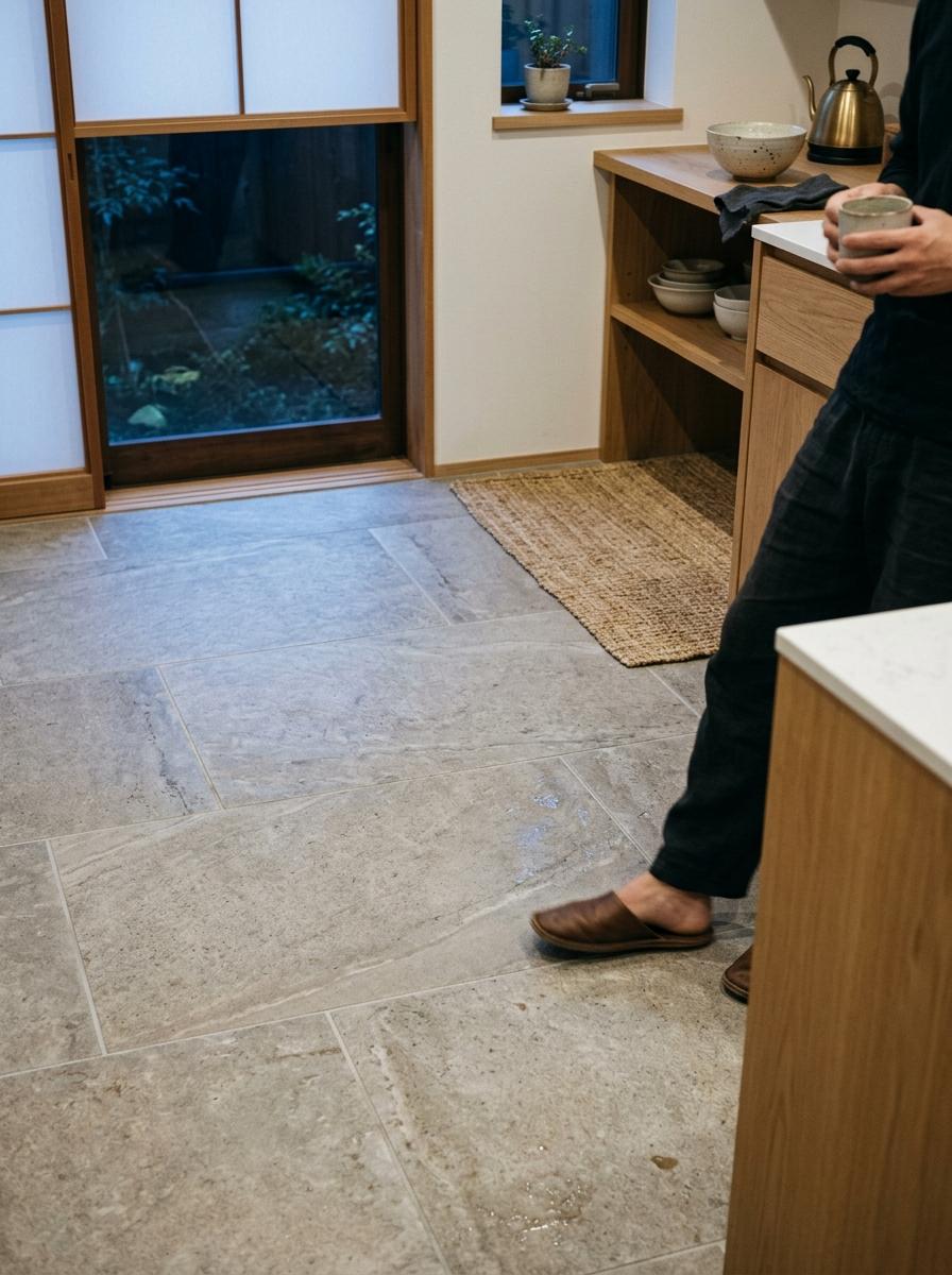 Functional Minimalism In Japandi Kitchen Floor Tiles